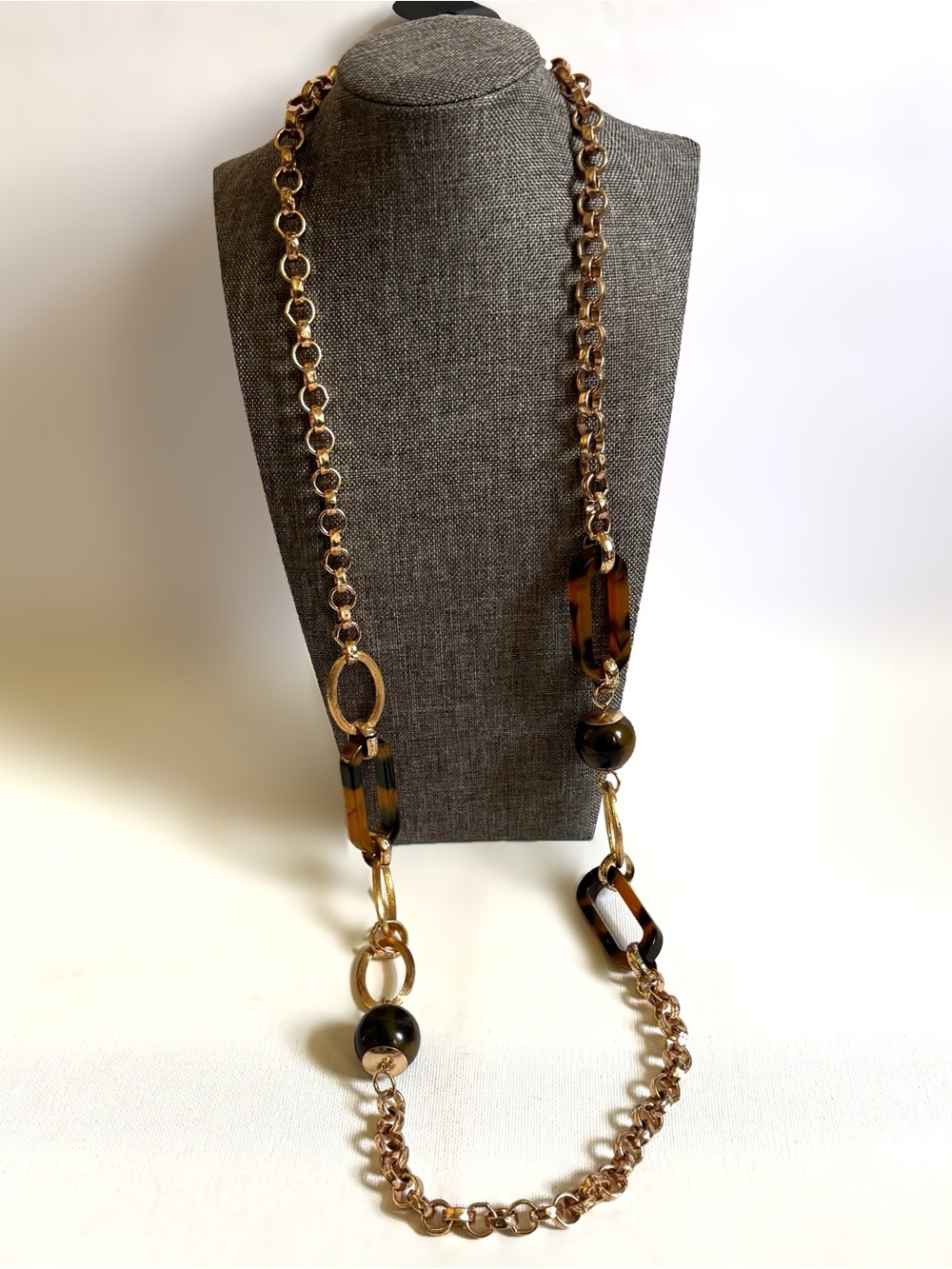 Catherines Gold Tone Tortoiseshell Acrylic Long Statement Necklace Artsy Layered